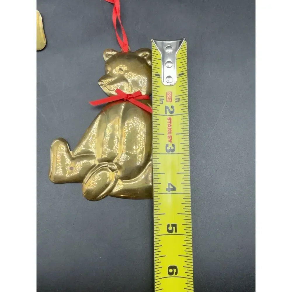 Vintage Dept 56 Brass Teddy Bear Christmas Ornaments Set of 3 Red Ribbon 4.5”